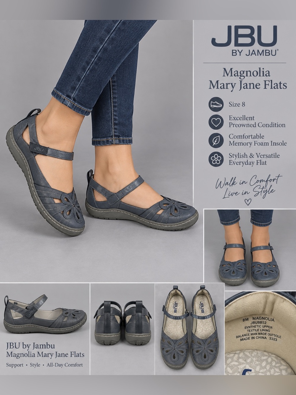 JBU by Jambu Magnolia Mary Jane Flats Blue Gray Memory Foam Size 8